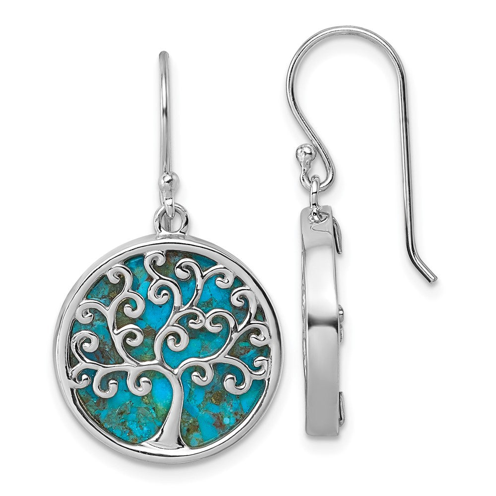 QG7220E Sterling Silver Rhodium-plated Polished Compressed Turquoise Tree Of Life Shepherd Hook Earrings