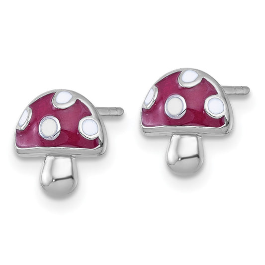QG7221E Sterling Silver Rhodium-plated Polished Red and White Enameled Mushroom Post Earrings