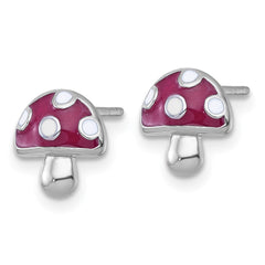 QG7221E Sterling Silver Rhodium-plated Polished Red and White Enameled Mushroom Post Earrings