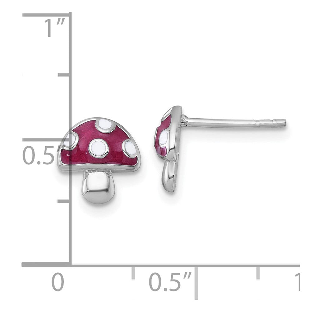 QG7221E Sterling Silver Rhodium-plated Polished Red and White Enameled Mushroom Post Earrings