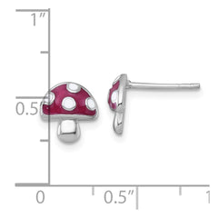 QG7221E Sterling Silver Rhodium-plated Polished Red and White Enameled Mushroom Post Earrings