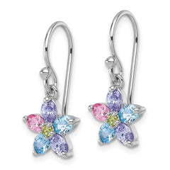 QG7223E Sterling Silver Rhodium-plated Polished Purple, Pink, Blue and Green CZ Flower Dangle Shepherd Hook Earrings