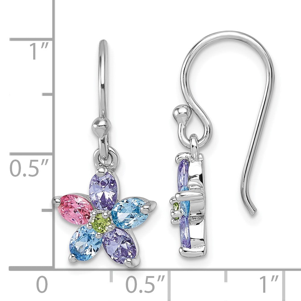 QG7223E Sterling Silver Rhodium-plated Polished Purple, Pink, Blue and Green CZ Flower Dangle Shepherd Hook Earrings