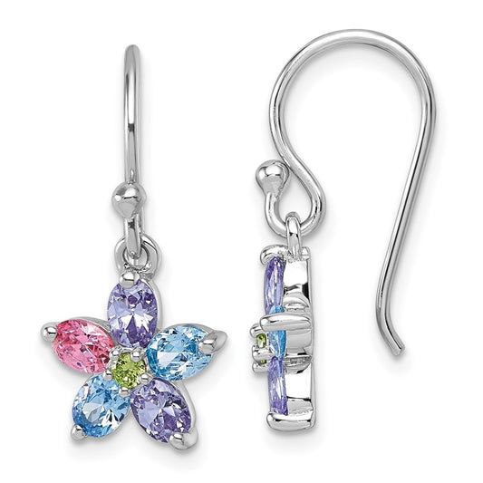 QG7223E Sterling Silver Rhodium-plated Polished Purple, Pink, Blue and Green CZ Flower Dangle Shepherd Hook Earrings