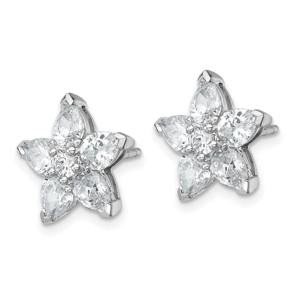 QG7224E Sterling Silver Rhodium-plated Polished Round and Pear CZ Flower Post Earrings