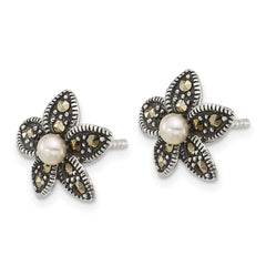 QG7225E Sterling Silver Antiqued Marcasite and Freshwater Cultured Pearl Fancy Flower Post Earrings