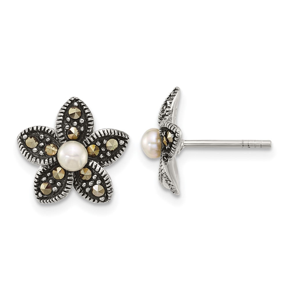 QG7225E Sterling Silver Antiqued Marcasite and Freshwater Cultured Pearl Fancy Flower Post Earrings