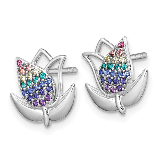QG7226E Sterling Silver Rhodium-plated Polished Rainbow Nano Crystals Tulip Post Earrings