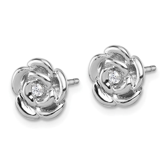 QG7227E Sterling Silver Rhodium-plated Polished White CZ Flower Post Earrings