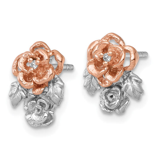 QG7229E Sterling Silver Rhodium-plated and Rose Gold-plated CZ Flowers Post Earrings