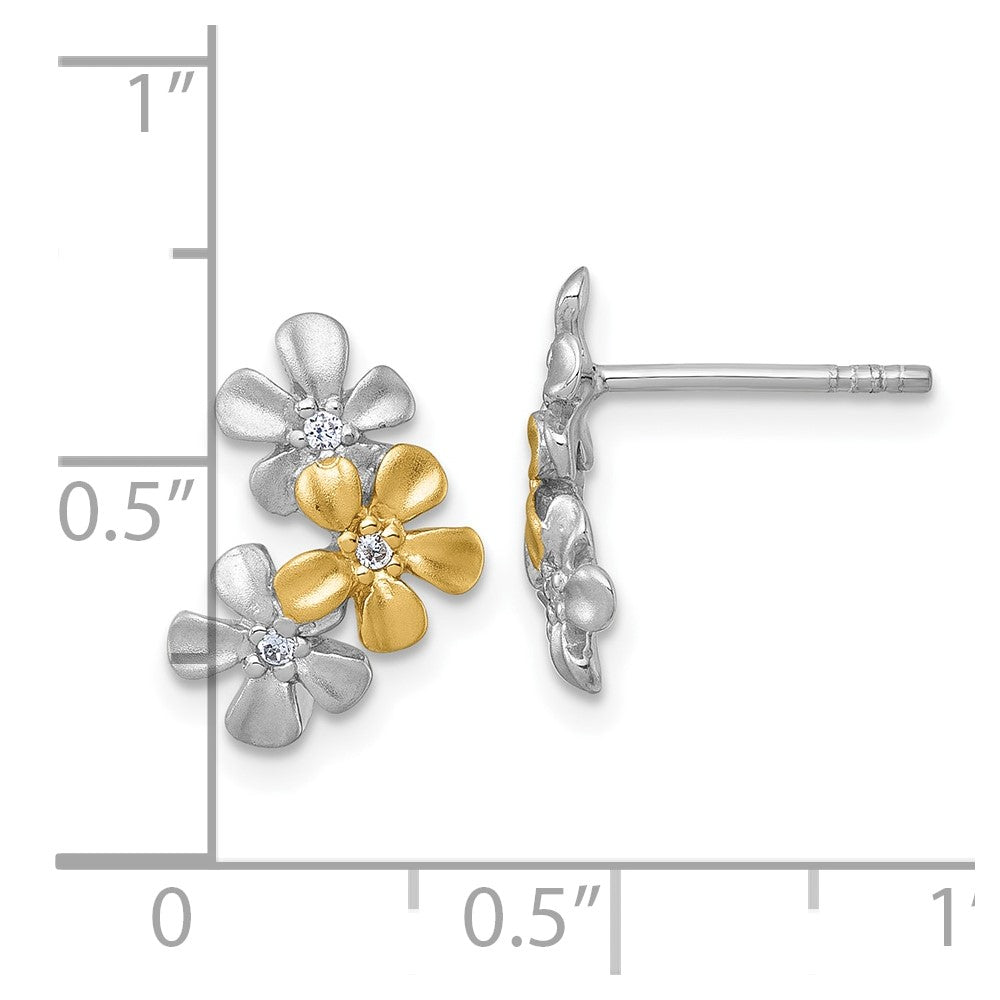 QG7230E Sterling Silver Rhodium-plated and Gold-plated with CZ Three Flowers Post Earrings