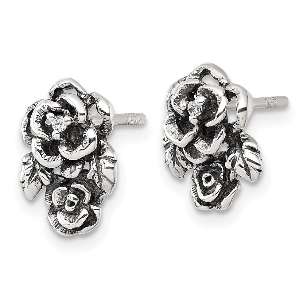QG7232E Sterling Silver Antiqued Polished CZ Flowers Post Earrings