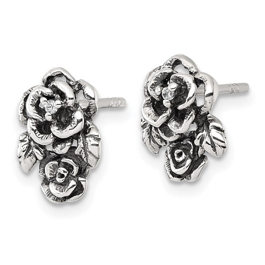 QG7232E Sterling Silver Antiqued Polished CZ Flowers Post Earrings