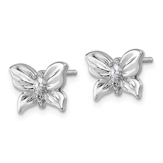 QG7233E Sterling Silver Rhodium-plated Polished White CZ Butterfly Post Earrings