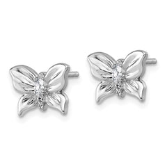 QG7233E Sterling Silver Rhodium-plated Polished White CZ Butterfly Post Earrings