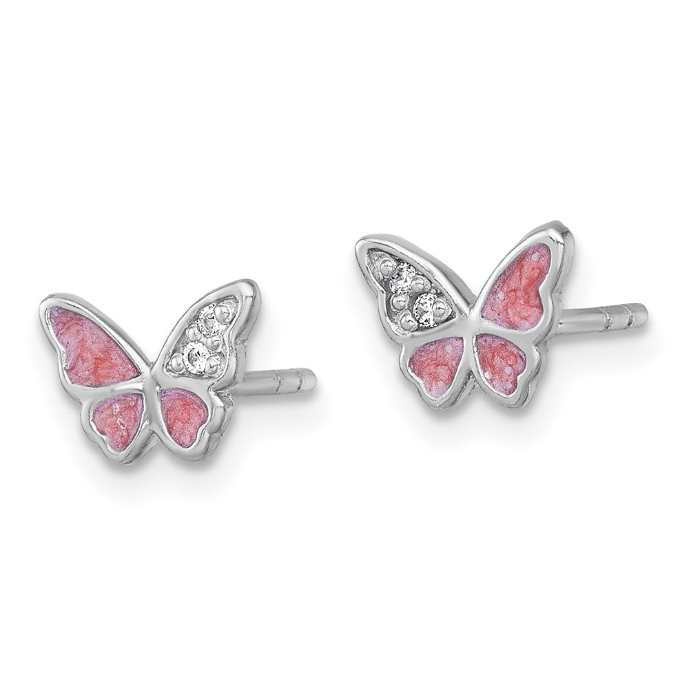 QG7235E Sterling Silver Rhodium-plated Polished CZ and Pink Enamel Butterfly Post Earrings