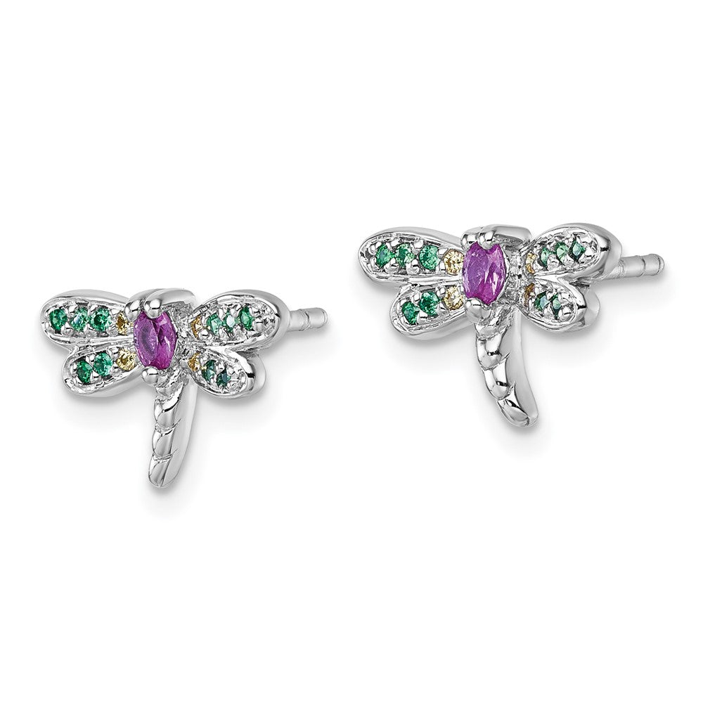 QG7237E Sterling Silver Rhodium-plated Polished Green, Yellow and Pink CZ Dragonfly Post Earrings