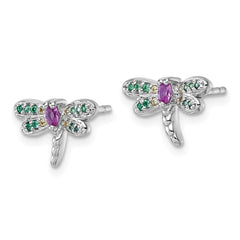 QG7237E Sterling Silver Rhodium-plated Polished Green, Yellow and Pink CZ Dragonfly Post Earrings
