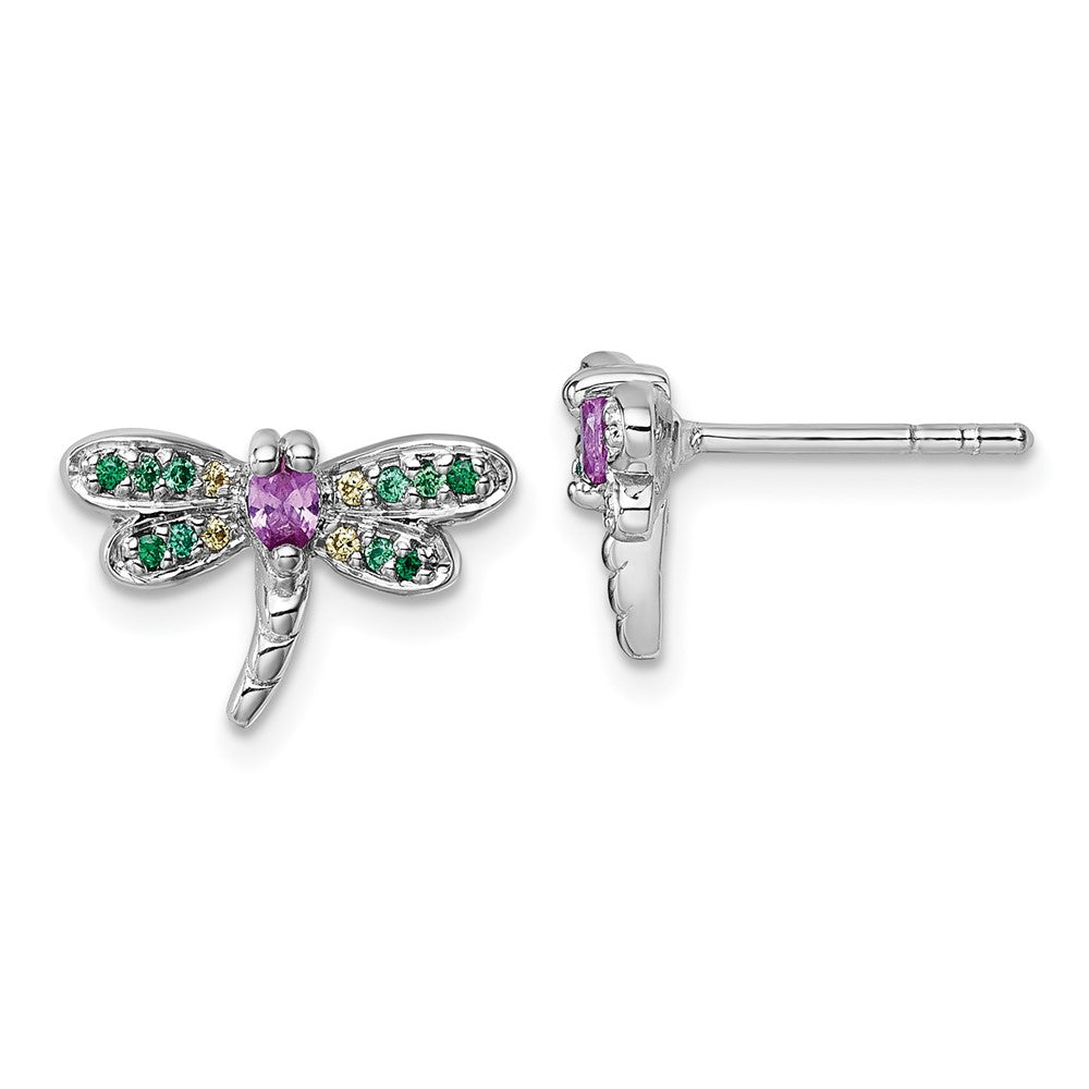 QG7237E Sterling Silver Rhodium-plated Polished Green, Yellow and Pink CZ Dragonfly Post Earrings