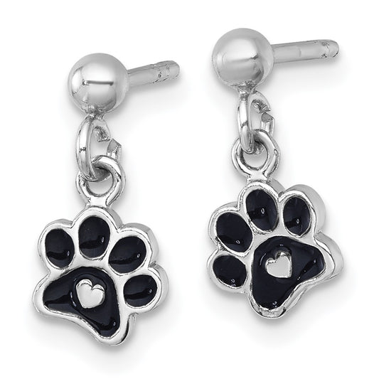 QG7238E Sterling Silver Rhodium-plated Polished Black Enamel Paw Print with Heart Dangle Post Earrings