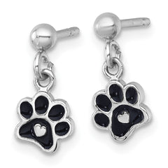 QG7238E Sterling Silver Rhodium-plated Polished Black Enamel Paw Print with Heart Dangle Post Earrings