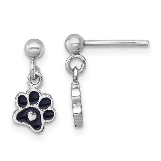 QG7238E Sterling Silver Rhodium-plated Polished Black Enamel Paw Print with Heart Dangle Post Earrings