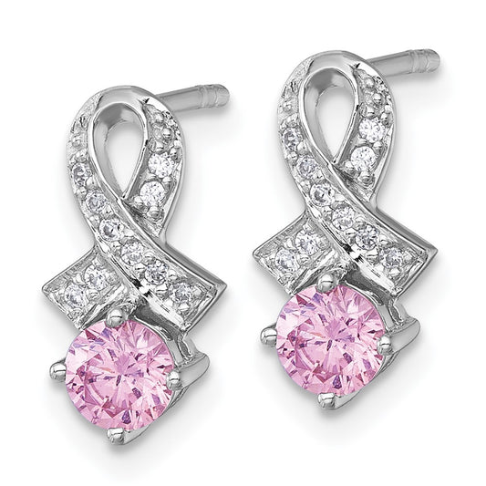 QG7239E Sterling Silver Rhodium-plated Polished Round Pink and White CZ Awareness Ribbon Post Earrings