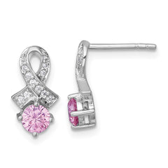 QG7239E Sterling Silver Rhodium-plated Polished Round Pink and White CZ Awareness Ribbon Post Earrings