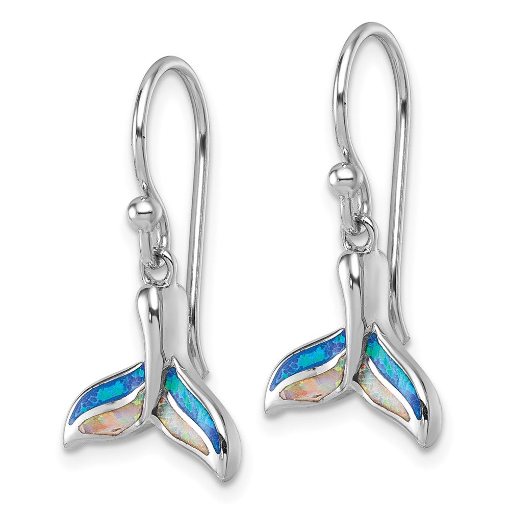 QG7241E Sterling Silver Rhodium-plated Polished Lab Created Opal Whale Tail Dangle Shepherd Hook Earrings