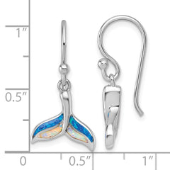 QG7241E Sterling Silver Rhodium-plated Polished Lab Created Opal Whale Tail Dangle Shepherd Hook Earrings