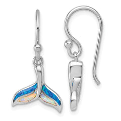 QG7241E Sterling Silver Rhodium-plated Polished Lab Created Opal Whale Tail Dangle Shepherd Hook Earrings