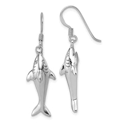 QG7242E Sterling Silver Rhodium-plated Polished Shark Dangle Shepherd Hook Earrings