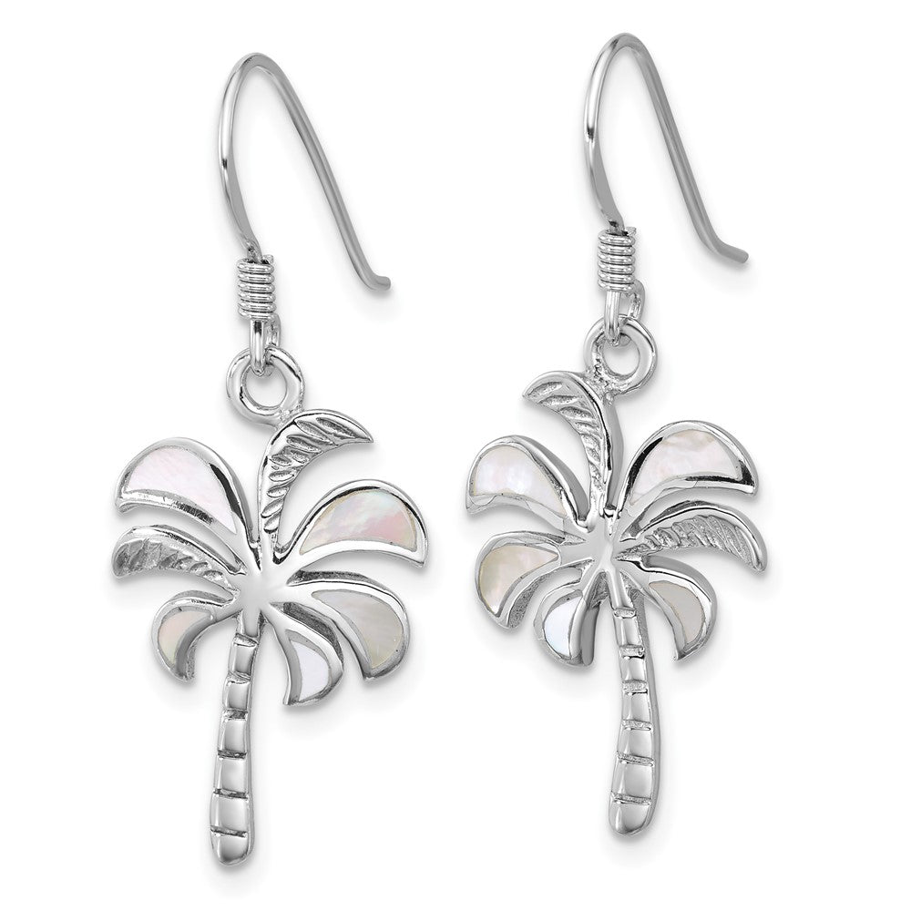 QG7244E Sterling Silver Rhodium-plated Polished Mother of Pearl Palm Tree Dangle Shepherd Hook Earrings
