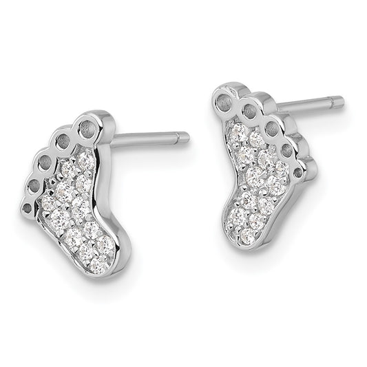 QG7245E Sterling Silver Rhodium-plated Polished CZ Footprints Post Earrings