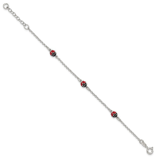 Sterling Silver Polished Red and Black Enameled Ladybugs 6 inch with 1 inch extension Childrens Bracelet QG7253-6