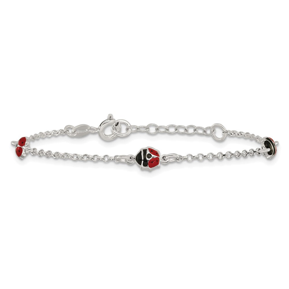 Sterling Silver Polished Red and Black Enameled Ladybugs 6 inch with 1 inch extension Childrens Bracelet QG7253-6