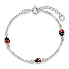 Sterling Silver Polished Red and Black Enameled Ladybugs 6 inch with 1 inch extension Childrens Bracelet QG7253-6