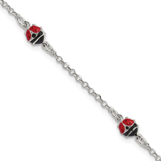 Sterling Silver Polished Red and Black Enameled Ladybugs 6 inch with 1 inch extension Childrens Bracelet QG7253-6