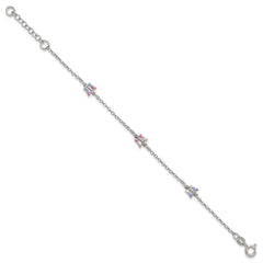 Sterling Silver Polished Pink/Purple/White/Blue Enameled Butterfly 6 inch with 1 inch extension Childrens Bracelet QG7254-6