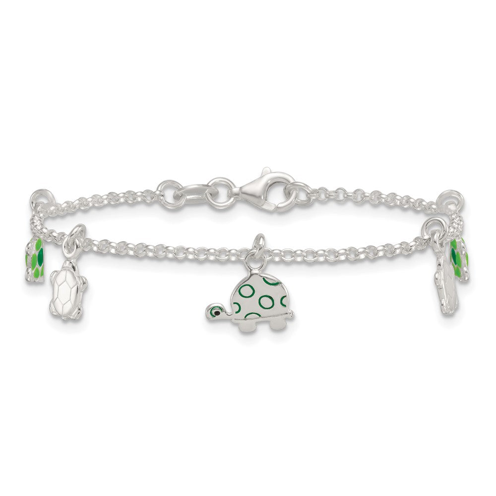 Sterling Silver Polished Green Enamel Turtles Childrens 6 inch Bracelet QG7256-6