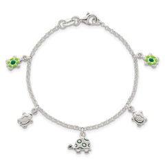 Sterling Silver Polished Green Enamel Turtles Childrens 6 inch Bracelet QG7256-6