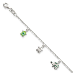 Sterling Silver Polished Green Enamel Turtles Childrens 6 inch Bracelet QG7256-6