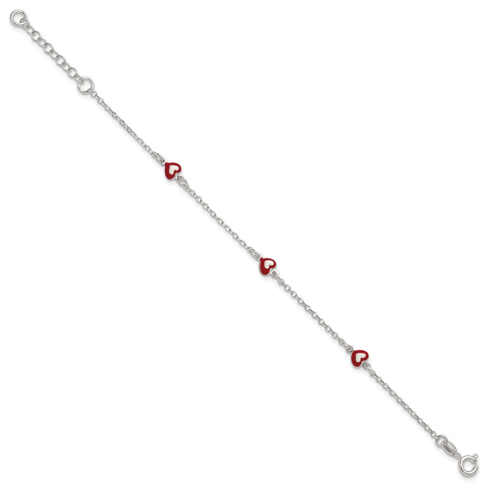 Sterling Silver Polished Red and White Enameled Hearts 6 inch with 1 inch extension Childrens Bracelet QG7258-6