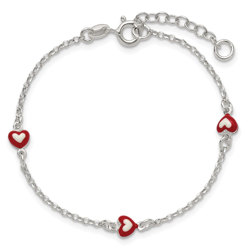 Sterling Silver Polished Red and White Enameled Hearts 6 inch with 1 inch extension Childrens Bracelet QG7258-6