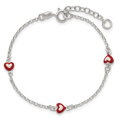 Sterling Silver Polished Red and White Enameled Hearts 6 inch with 1 inch extension Childrens Bracelet QG7258-6