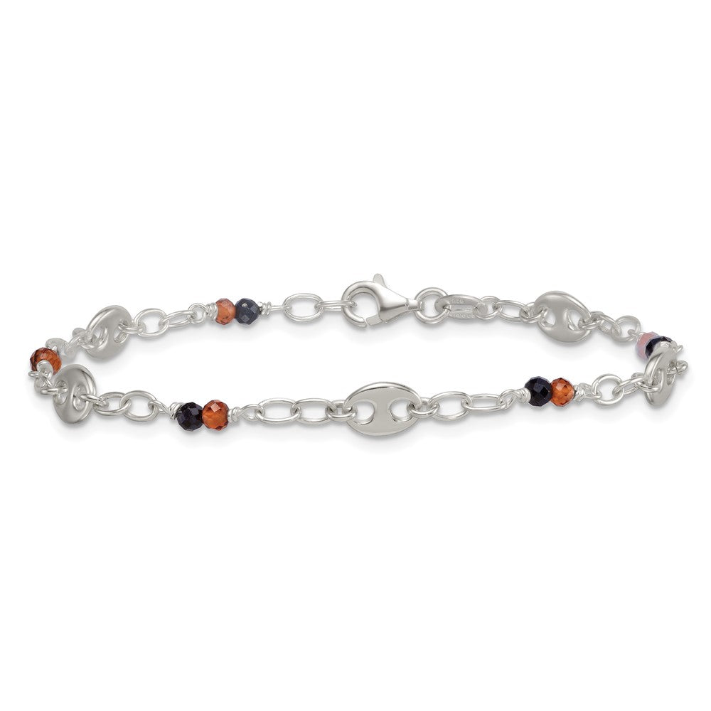 Sterling Silver Polished and Beaded Garnet and Spinel Fancy Link 7.5 inch Bracelet QG7280-7.5