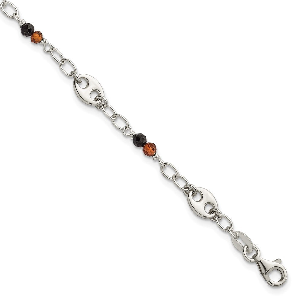 Sterling Silver Polished and Beaded Garnet and Spinel Fancy Link 7.5 inch Bracelet QG7280-7.5