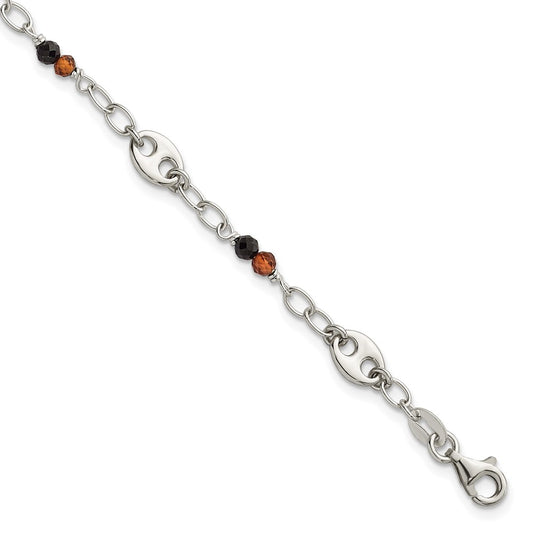 Sterling Silver Polished and Beaded Garnet and Spinel Fancy Link 7.5 inch Bracelet QG7280-7.5
