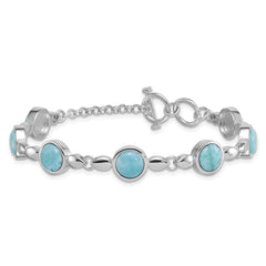 Sterling Silver Rhodium-plated Polished Fancy Round Larimar Cabochon 8 Inch Toggle Bracelet QG7283-8