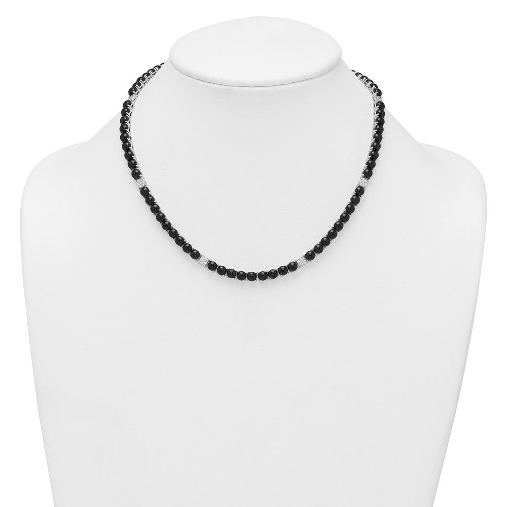 Sterling Silver Rhodium-plated Polished Pave CZ and Onyx 17 Inch with 3 Inch Extension Necklace QG7284-17
